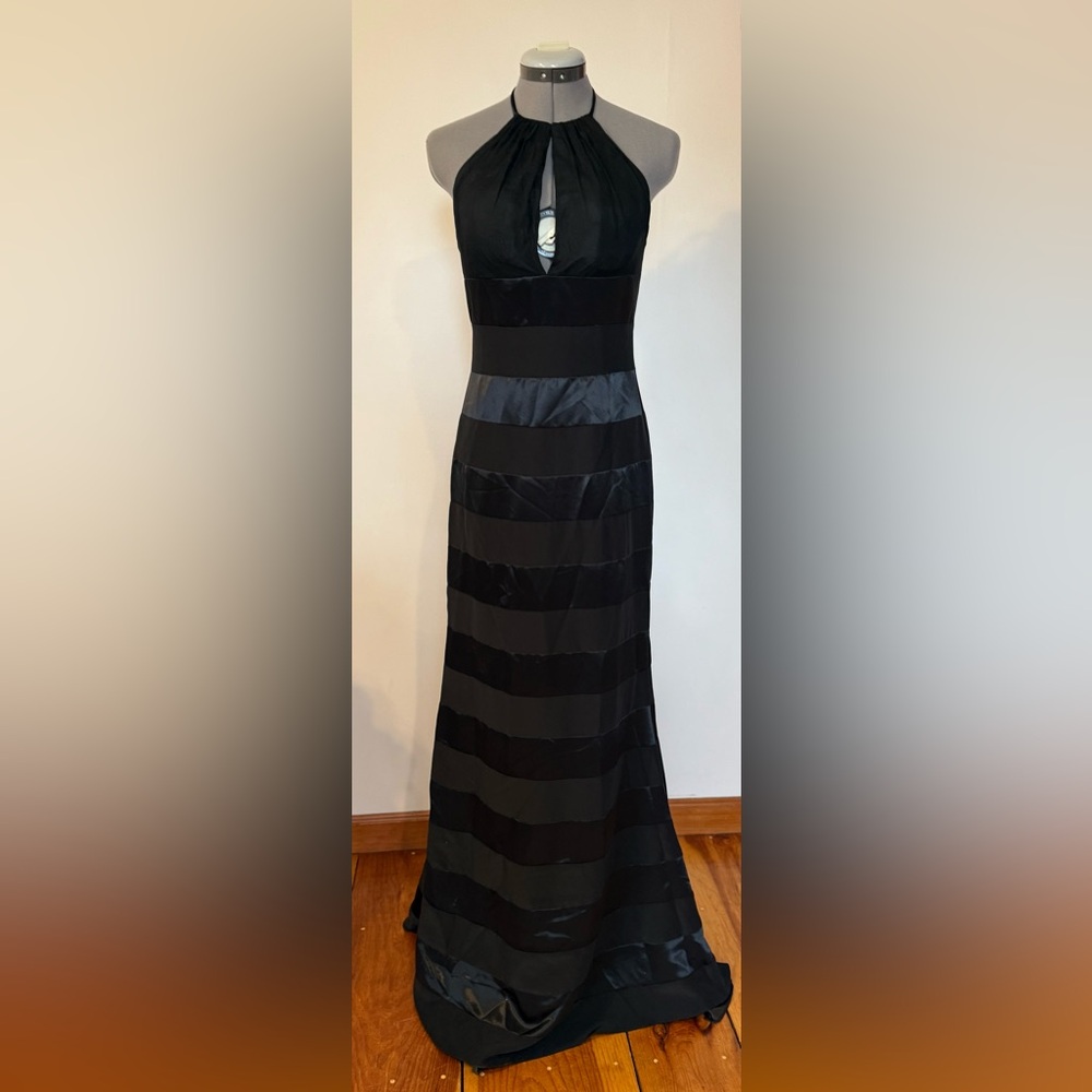 Halter top black dress with matte and satin stripes. Size 6